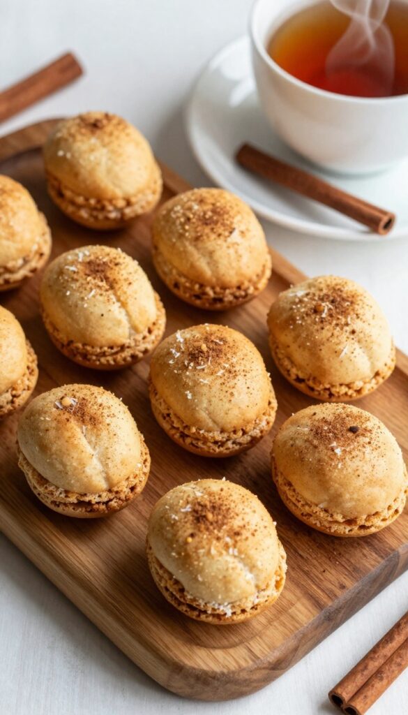 Golden-brown cinnamon spice keto macaroons on a wooden plate with a cup of tea and cinnamon stick, warm and cozy atmosphere.