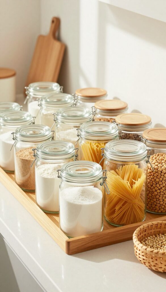 Clear glass canisters filled with dry goods on a wooden tray in a bright kitchen