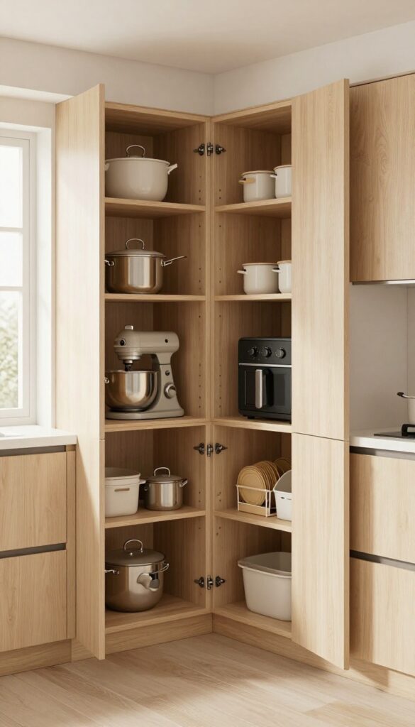 Modern kitchen deep cabinet with pull-out shelves neatly organizing pots, pans, and small appliances in bright natural light.