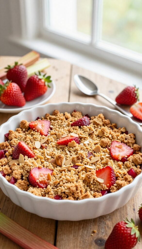 Strawberry rhubarb keto crisp in a white baking dish on a wooden table with fresh fruit around it.