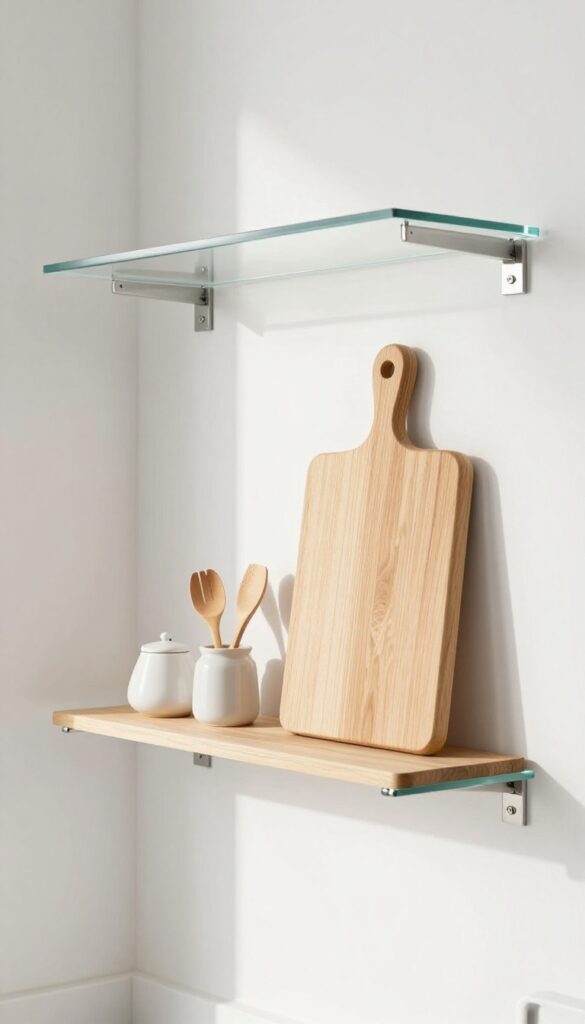 Open kitchen shelf with a wooden cutting board used as a liner, accompanied by a ceramic salt cellar and wooden utensils.