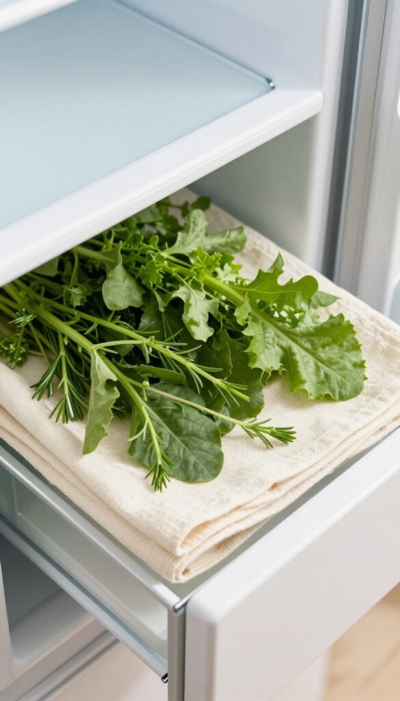 Open fridge drawer with leafy greens and herbs on a soft cream linen towel, warm natural light