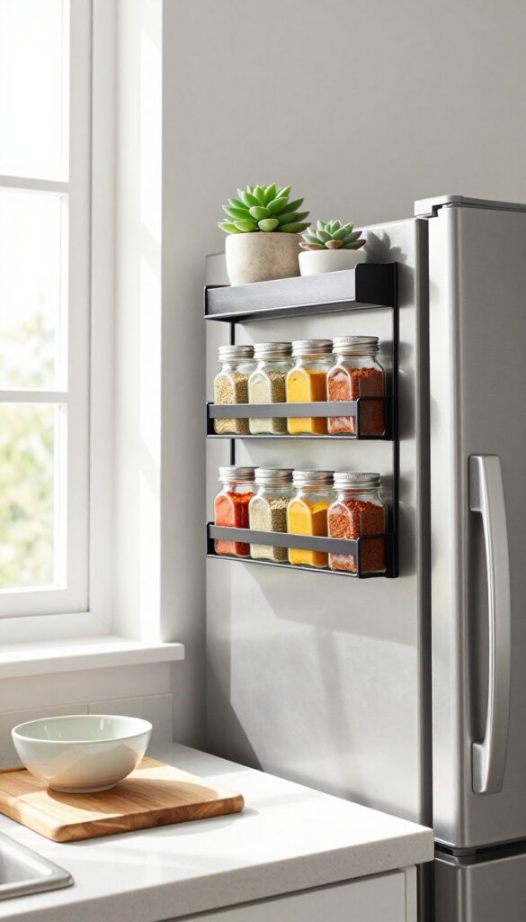 Magnetic spice rack on the side of a refrigerator in a bright kitchen