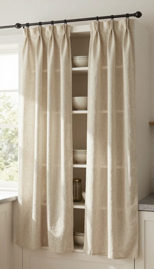 Kitchen with open shelves partially hidden by oatmeal linen curtains, soft natural light, rustic farmhouse style.