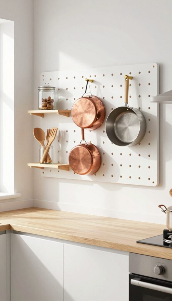 Wall-mounted pegboard with pots, pans, and utensils in a small kitchen