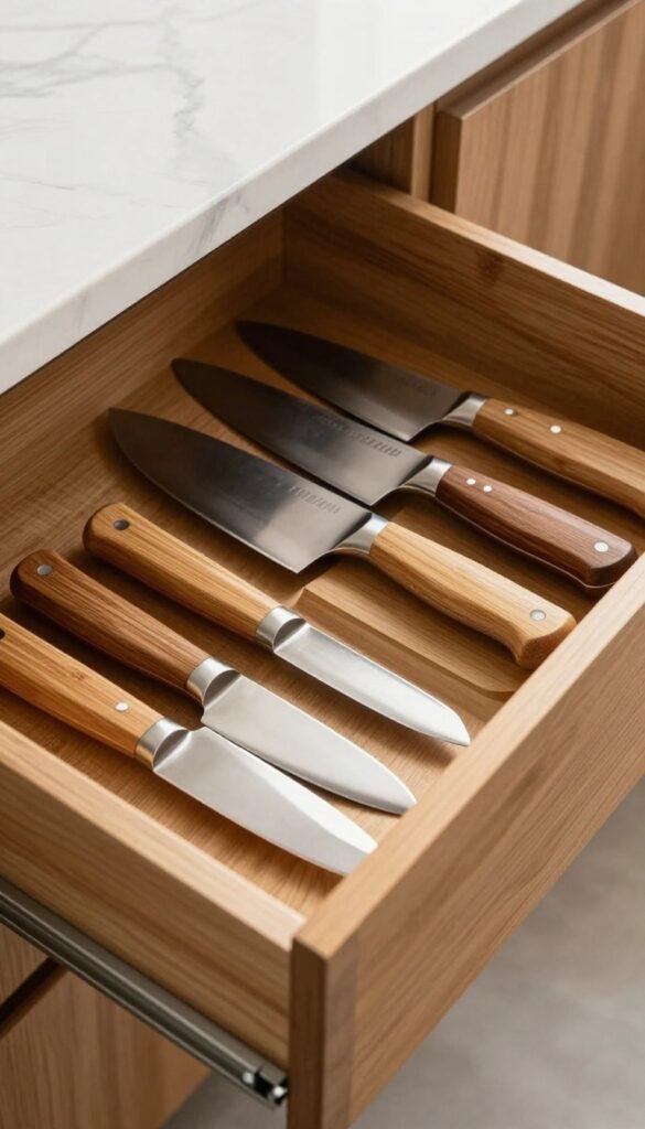 A kitchen drawer with a bamboo knife insert holding several chef knives in individual slots, illuminated by natural light.