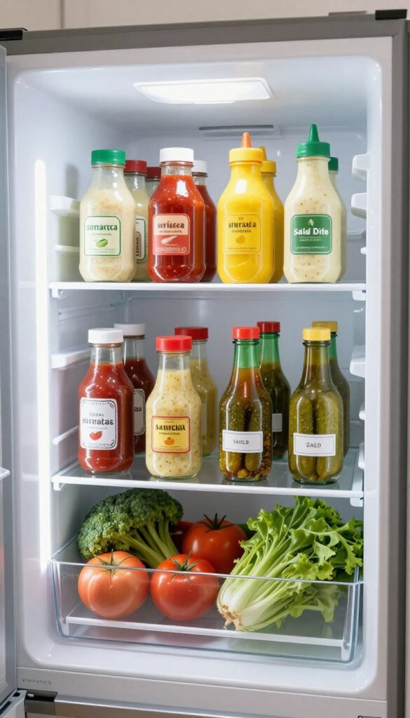 Open refrigerator with a clear lazy Susan holding neatly arranged condiment bottles and jars on a middle shelf.