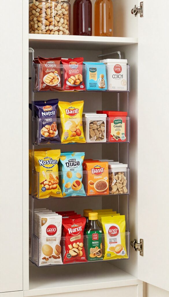 Over-the-door shoe organizer used as a snack storage solution in a narrow pantry