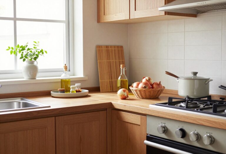 Warm Japanese kitchen with organized countertop, wooden tray, bamboo knife strip, and basket of produce.