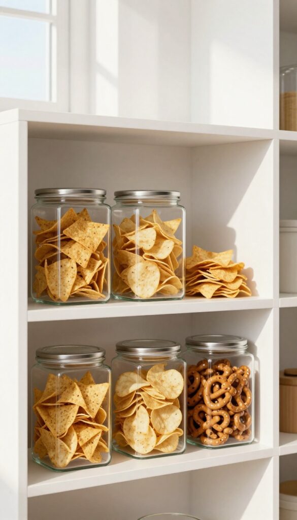 Tall square glass canisters filled with chips neatly arranged on a pantry shelf.