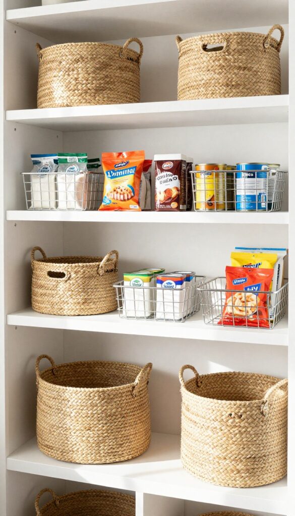 Pantry shelves with woven and wire baskets organizing snacks, baking supplies, and canned goods in bright natural light.