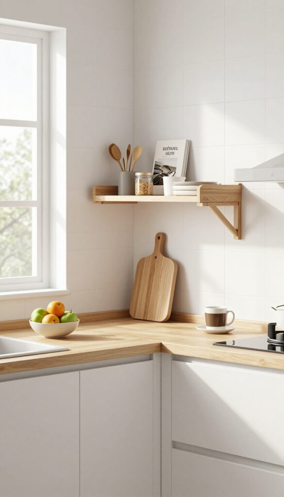 Wall-mounted fold-down table with shelf above in a bright, modern kitchen.