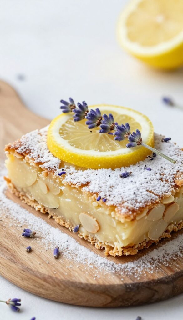 Lemon bar with almond flour crust and lavender on wooden board, garnished with lemon slice and lavender sprig.