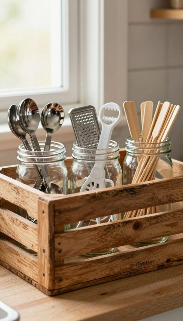 Mason jar caddies with small kitchen gadgets in a wooden crate on a counter