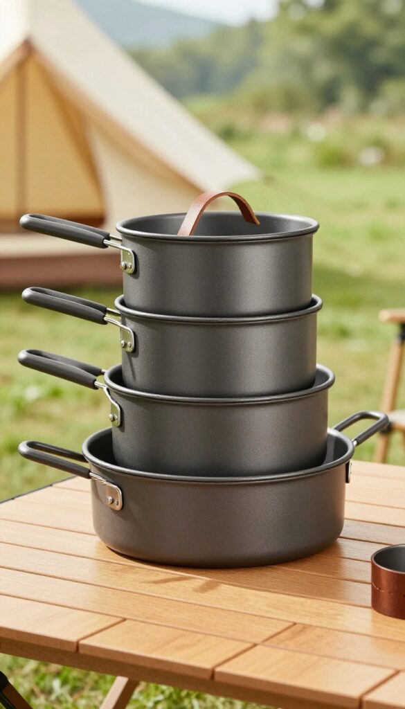 Nesting cookware set stacked neatly on a wooden table with a leather strap, camping kitchen background.