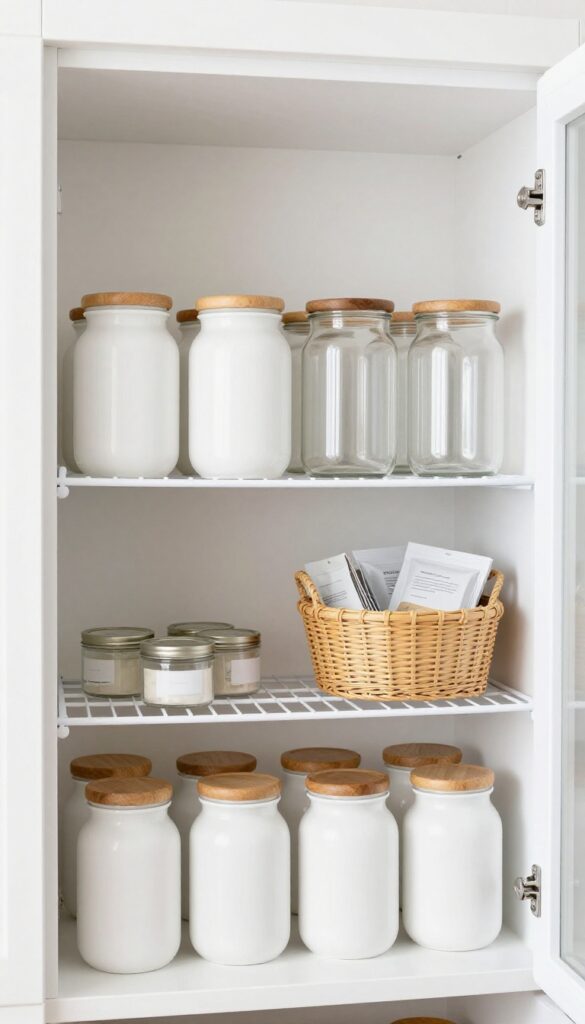 Slim wire shelf mounted on pantry door holding jars, cans, and a basket