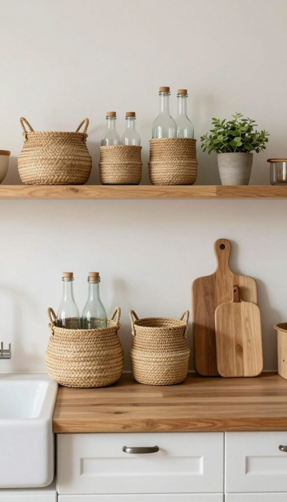 Open shelf above kitchen sink with woven baskets holding bottles, plant and cutting board, warm natural light.