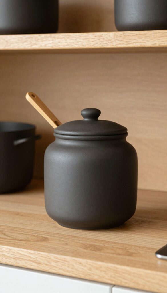 A dark ceramic jar for storing rice on a kitchen counter, paired with a bamboo scoop, in natural light.