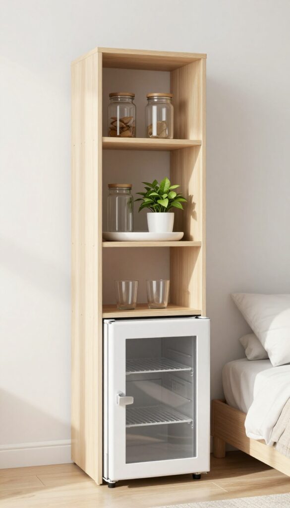 A tall, narrow shelf unit with a mini fridge at the bottom and neatly arranged snacks and decor on upper shelves in a bright bedroom.