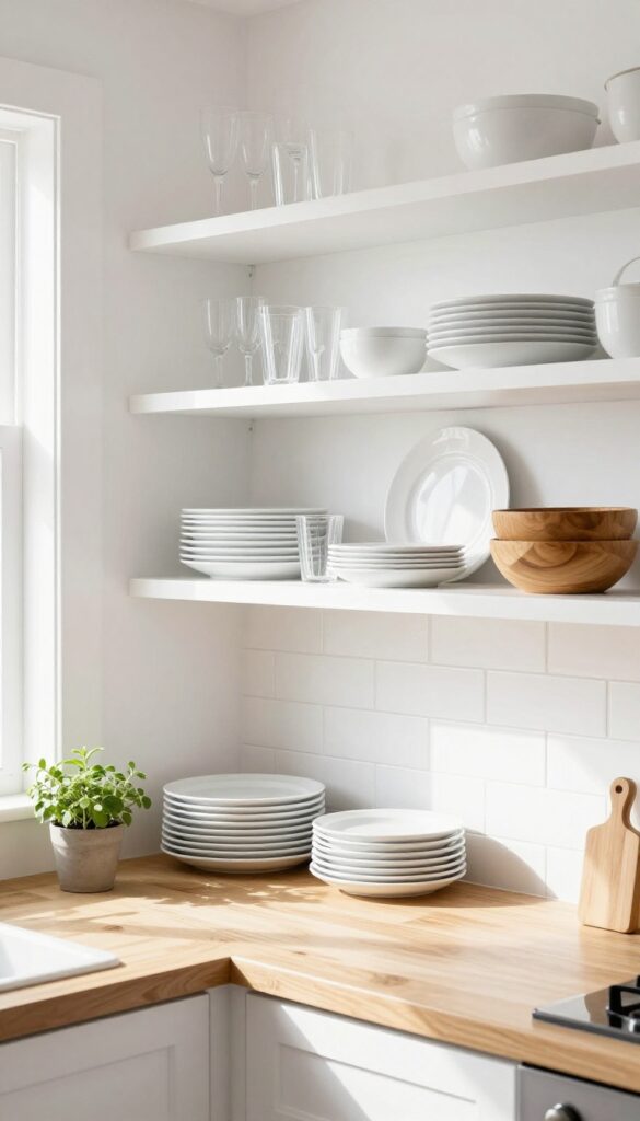 Open shelving in a kitchen displaying white dishes, glassware, and wooden bowls with a clean, airy look.