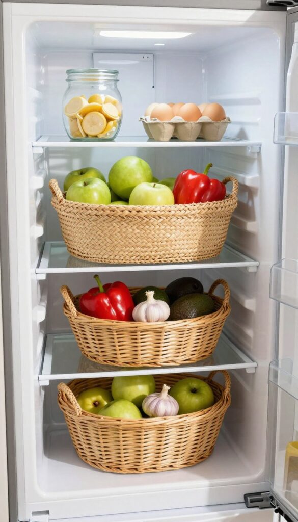 Layered baskets in a fridge creating depth and texture with natural materials like seagrass and rattan, filled with produce.