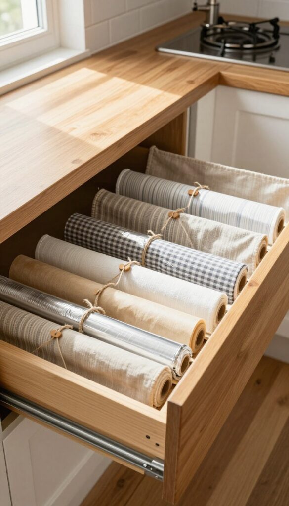Open kitchen drawer with vertically stacked fabric pouches holding plastic wrap, foil, and parchment paper, labeled with wooden tags, in a bright natural light setting.