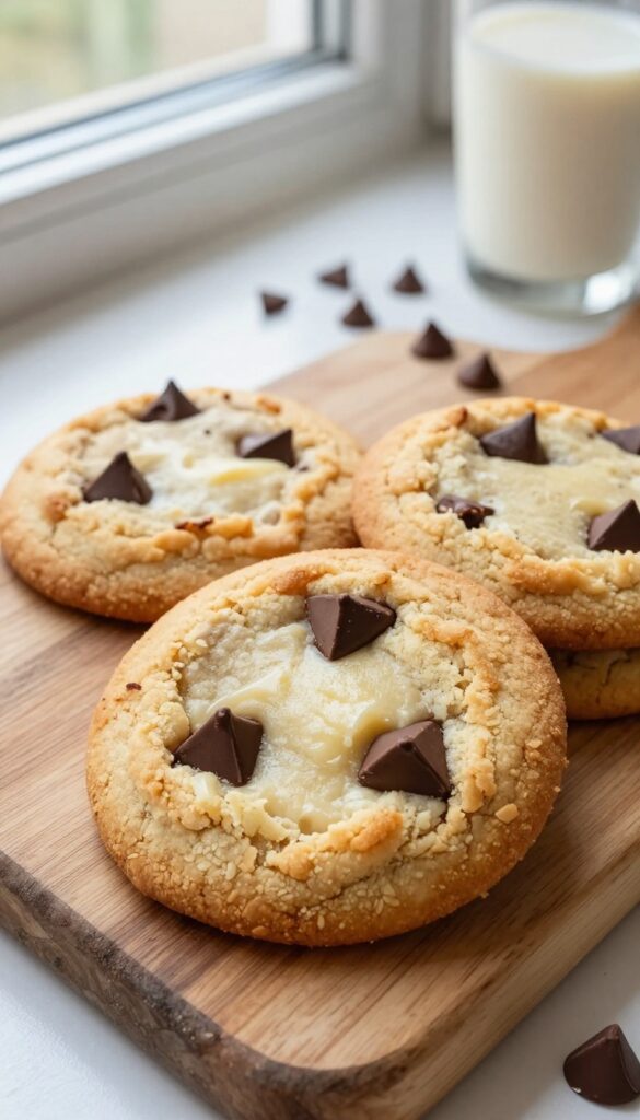 Two golden brown cream cheese chocolate chip cookies on a wooden board, with melted chocolate chips and soft texture, natural lighting.