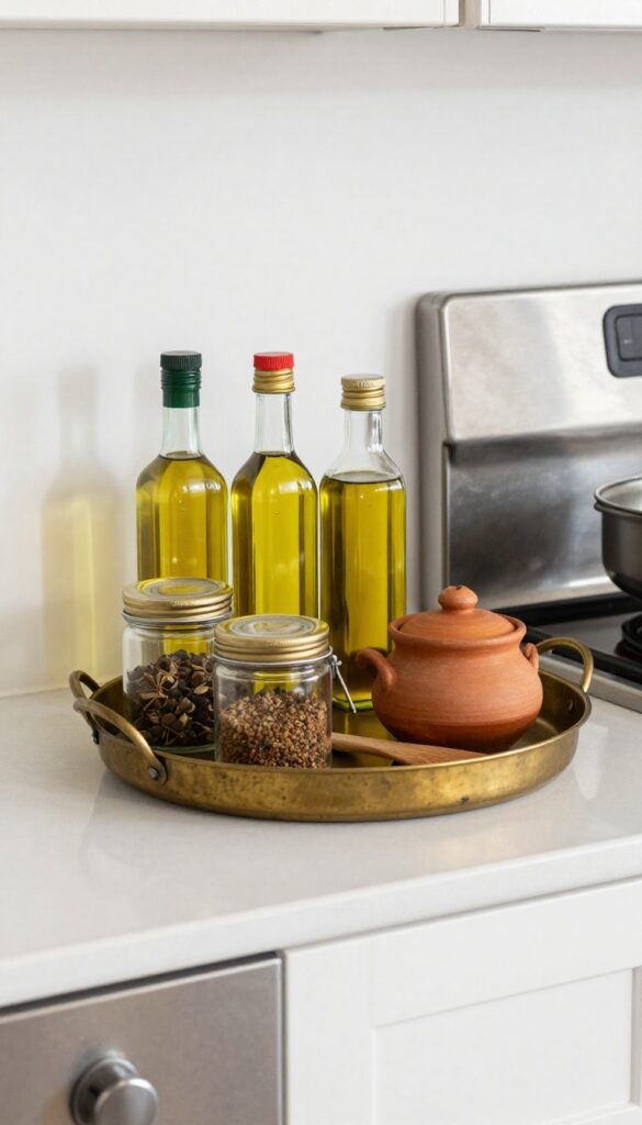 Brass tray on kitchen counter holding oil bottles and spice jars