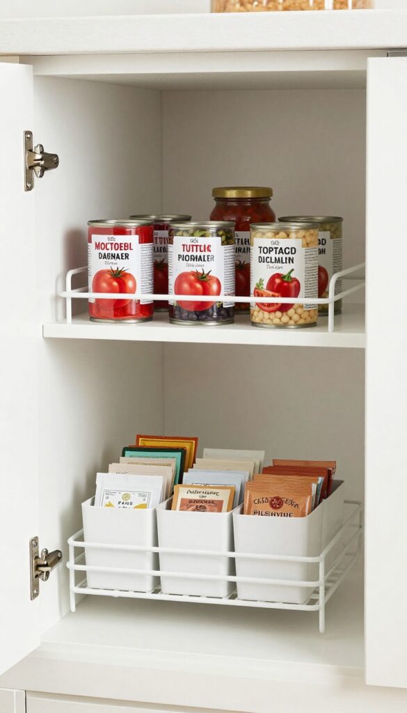 Deep kitchen cabinet with tiered shelf risers organizing cans and jars