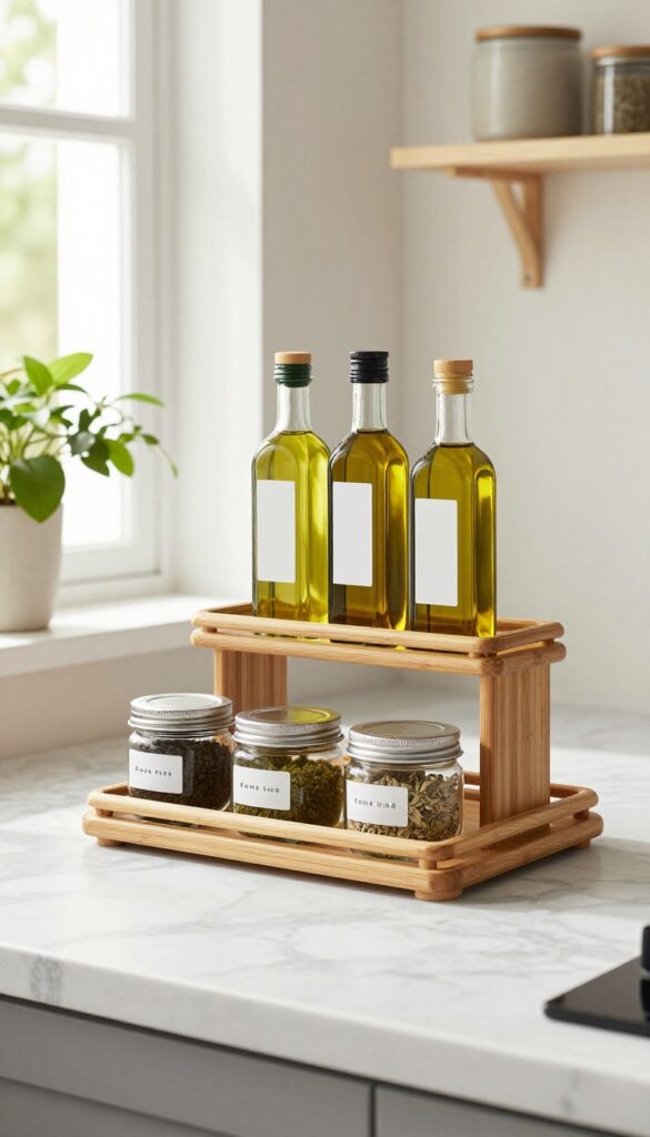 Small bamboo tiered stand on a kitchen counter holding oils and spices, with natural light and a clean, organized setup.
