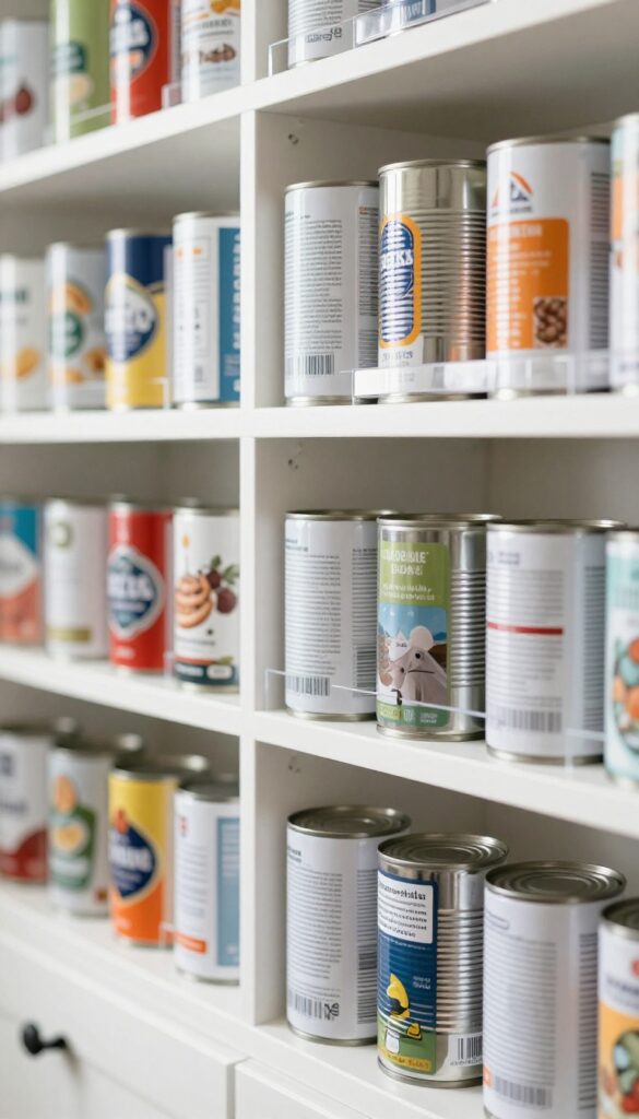 Stackable can racks organizing canned goods in a deep kitchen cabinet