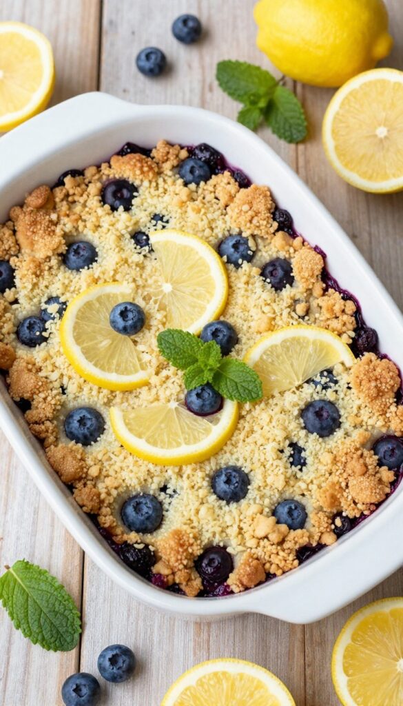 Blueberry lemon keto crisp in a white baking dish on a wooden table with lemon slices and mint.