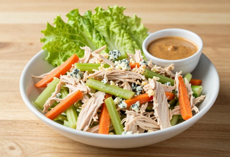 Overhead view of Buffalo Barclay Chicken Salad in a bowl with lettuce cups and buffalo sauce on the side.