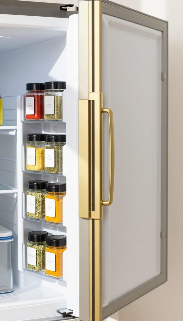 Inside of a fridge door with a magnetic strip holding small glass spice jars, organized and tidy.