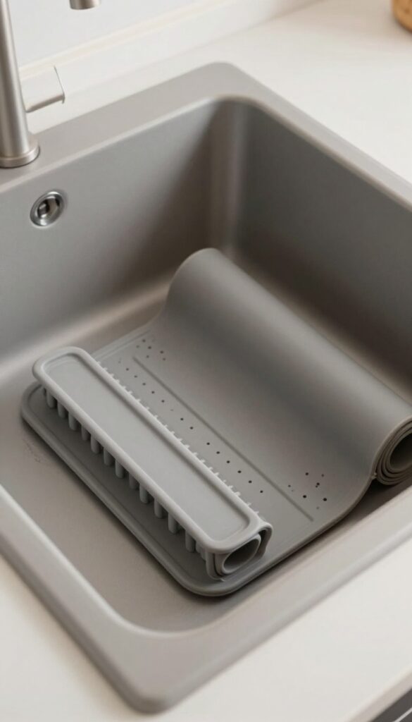 Collapsible silicone sink strainer and drying mat in an RV kitchen sink
