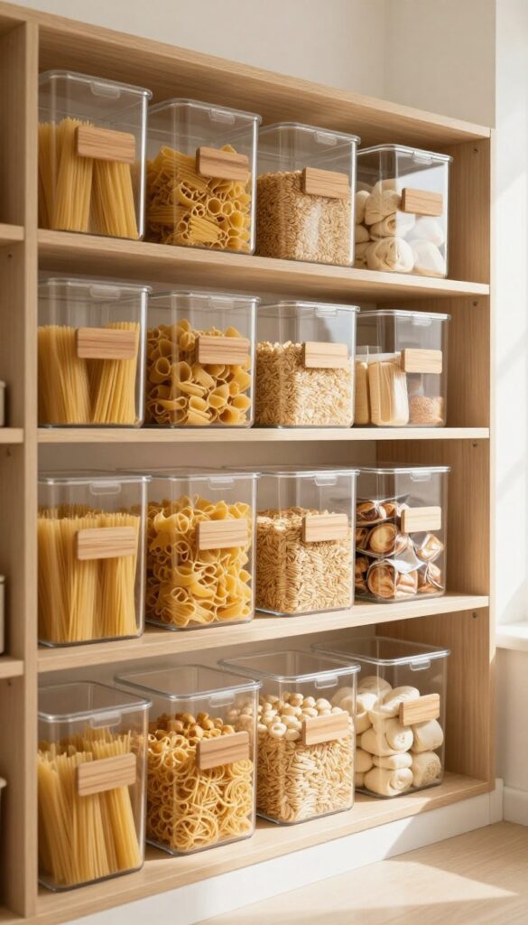 Clear acrylic bins with wooden labels on pantry shelves, containing pasta, grains, and snacks in a bright, organized pantry.