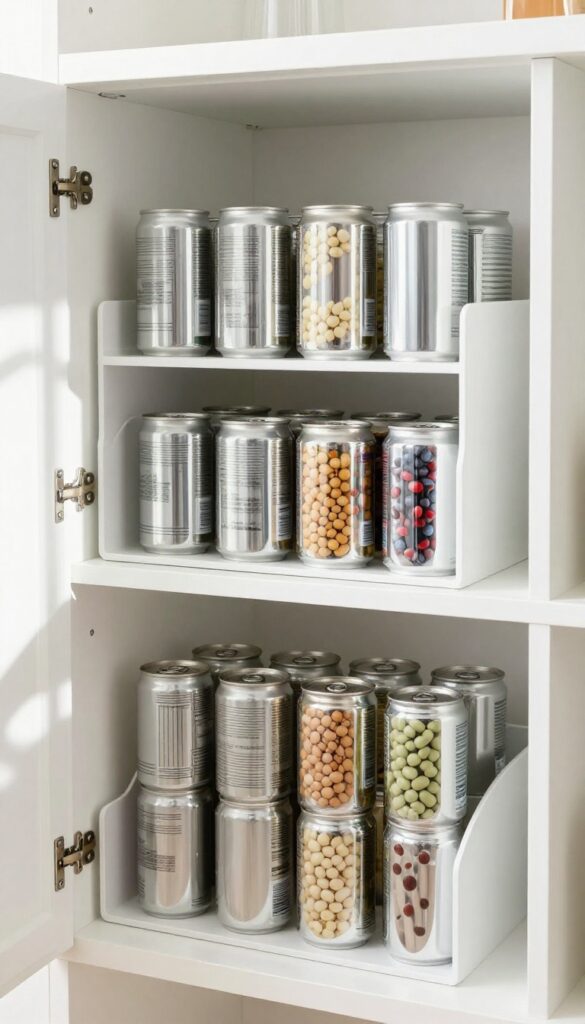 Stackable can racks on a pantry shelf holding cans of soda and beans vertically, with natural light.