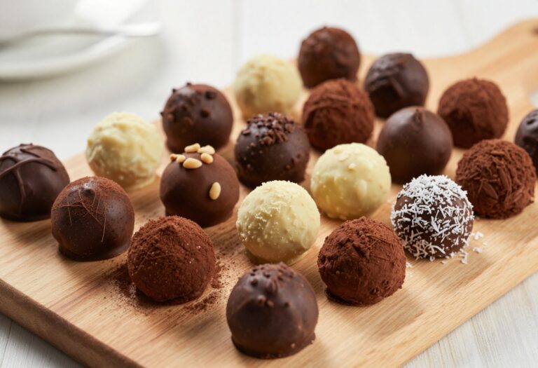 Assorted keto chocolate truffles on a wooden board with various coatings