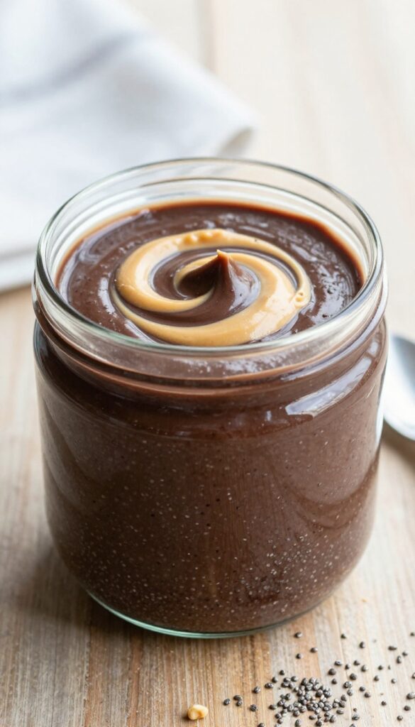 Chocolate peanut butter swirl chia pudding in a glass jar on a wooden table