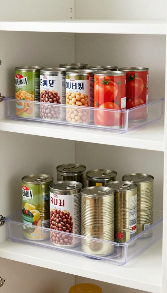DIY lazy Susan with stacked canned goods on a pantry shelf