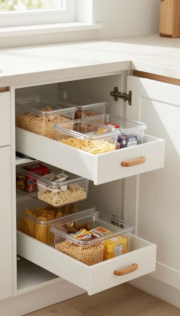 Deep kitchen cabinet with pull-out drawers displaying organized pantry items in clear bins, bright natural light.