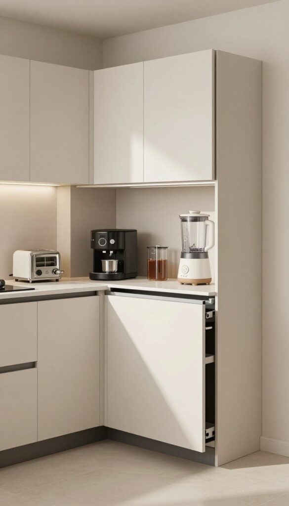 Corner appliance garage with roll-top door hiding toaster, coffee maker, and blender in a bright modern kitchen