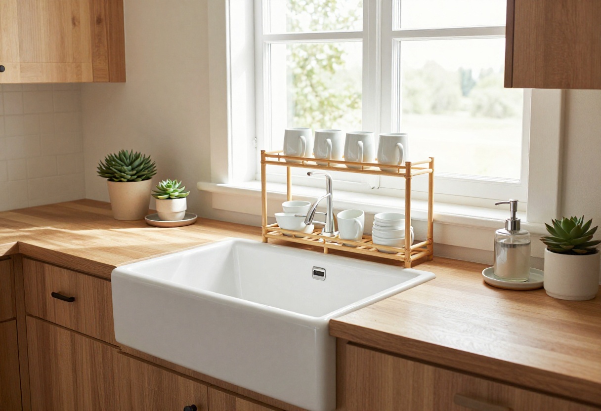 Cozy kitchen sink station with wooden drying rack, plant, and soap dispenser on clean counter