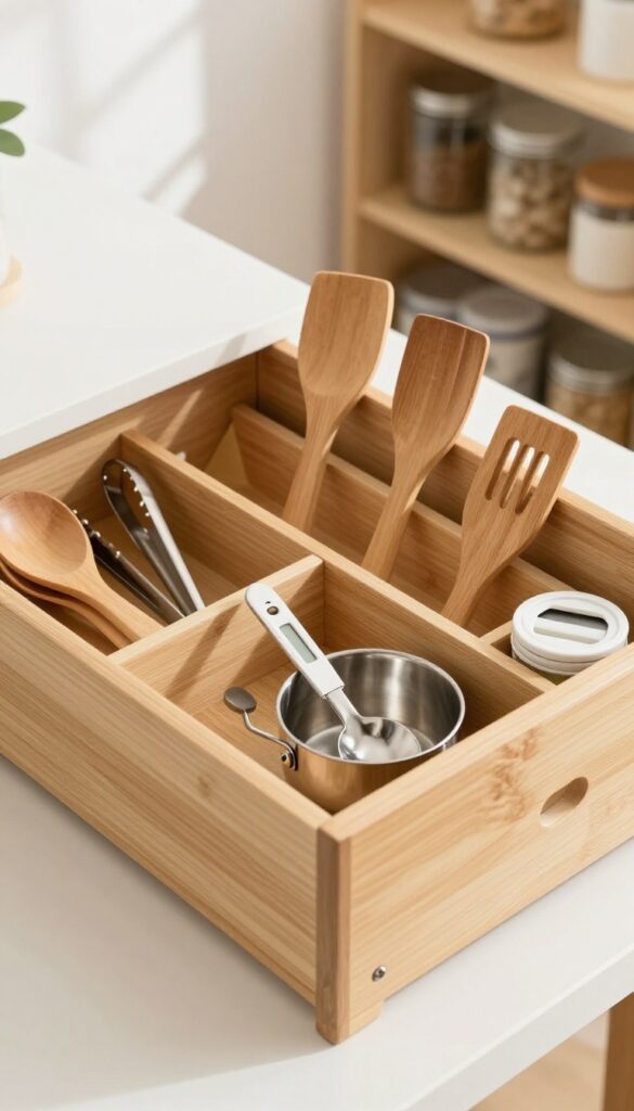 A deep pantry drawer with a bamboo cutlery tray organizing cooking utensils, measuring tools, and small gadgets in neat compartments.