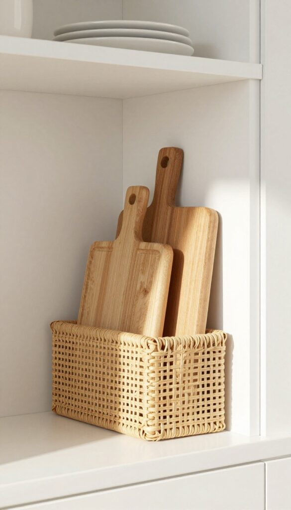 A woven magazine holder holding three wooden cutting boards upright in a clean, bright kitchen cabinet.