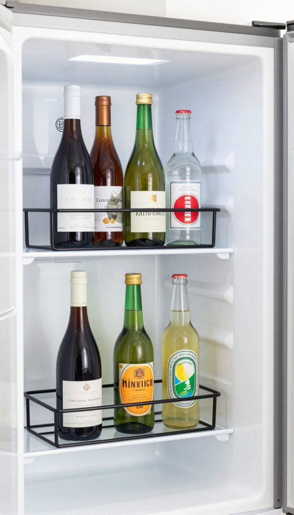 Horizontal bottle rack on refrigerator door holding wine, kombucha, and soda bottles