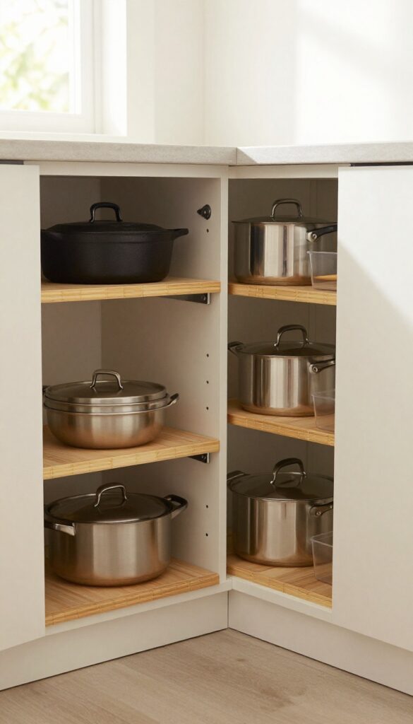 Pull-out shelves in a deep kitchen cabinet, neatly organized with cookware and bamboo liners, bright natural light.