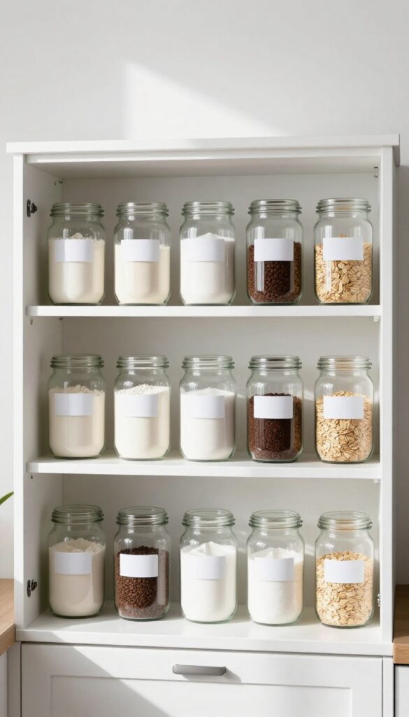 Open kitchen cabinet with labeled clear glass jars containing dry goods like flour, sugar, coffee, and oats, neatly organized in a row.
