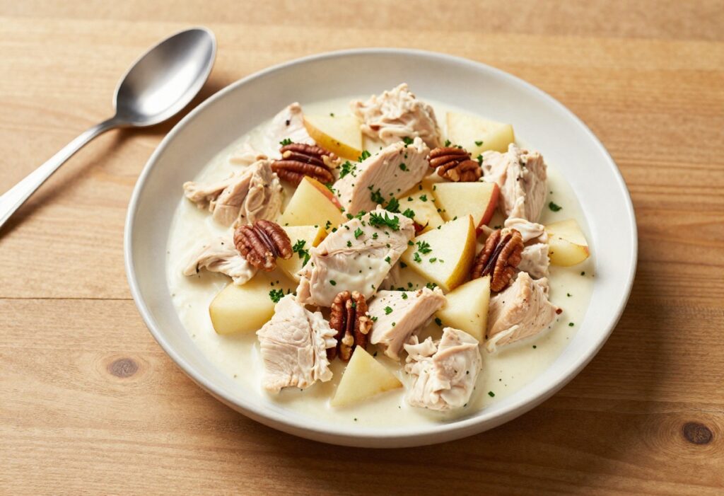 Bowl of creamy chicken salad with apple and pecans on a wooden table