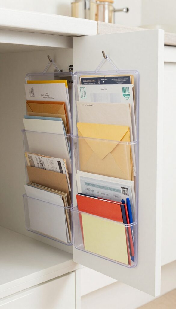 Open kitchen cabinet door with a clear shoe organizer holding mail and stationery inside the pockets.